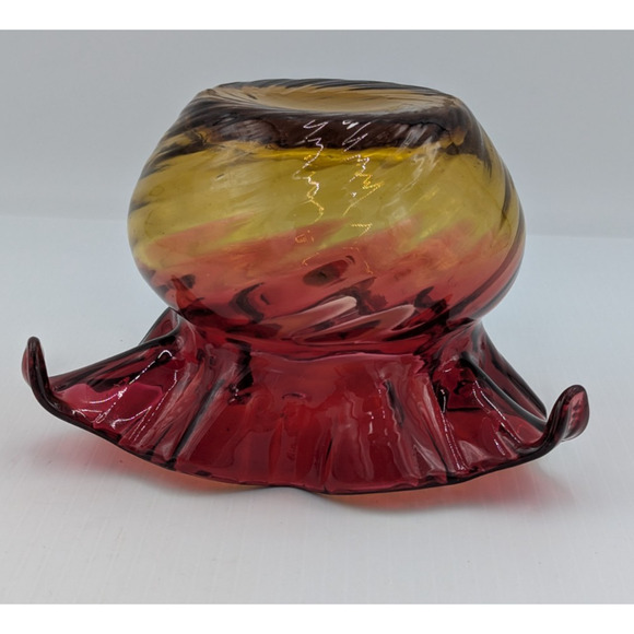 Vintage Red and Amber Amberina Optic Swirl Ruffle Top Vase Bowl - Picture 12 of 14